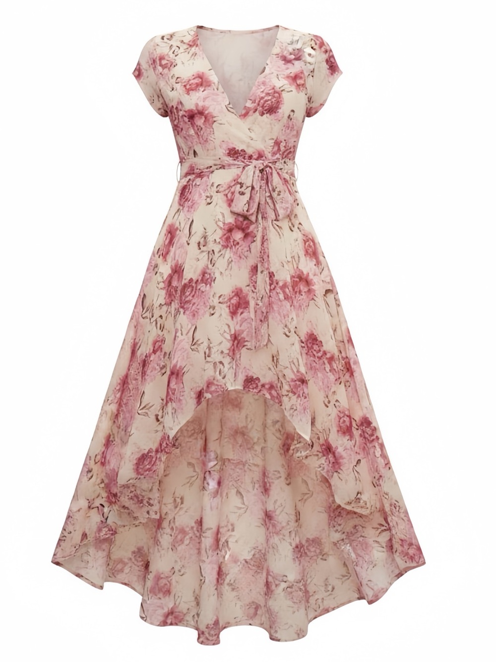 High-Low V-neck Floral Chiffon Extra Long Formal Dress with Tie Bow Belt in Pink